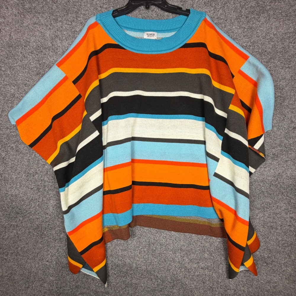 Monroe‎ & Main Knit Poncho Sweater Multi-Color Striped Crew Neck Oversized L/XL